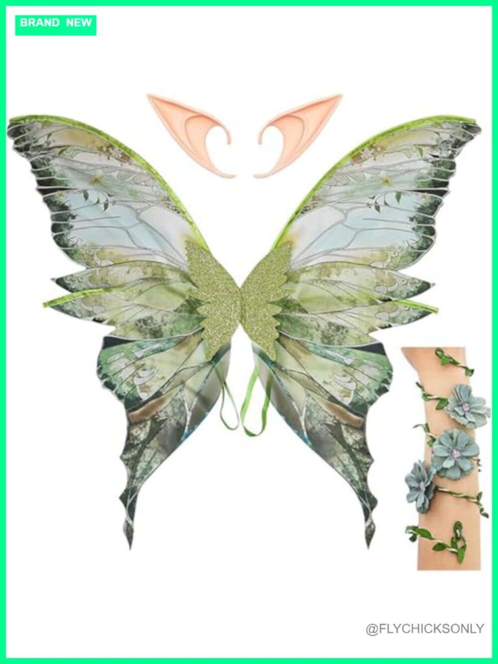 Fairy Wings Costume Set for Adults with Elf Ears and Floral Arm Wrap Cosplay